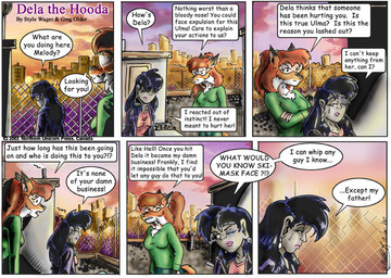 angry anthro black_hair bodily_fluids breasts bruised bruised_eye clothed clothed_female clothing dialogue duo eyewear female fur goggles grey_body grey_skin hair jacket open_clothing open_jacket open_topwear tears text topwear style_wager dela_the_hooda melody_aldershaw ulma_(dela_the_hooda) canid canine fox goblin hooda humanoid mammal 2002 comic english_text