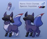 all_fours blue_body blue_fur boots clothing feral footwear french_flag fur hat headgear headwear male shoes smug solo text white_body white_fur amazinky fakemon robin_dismas canid canine fakeveelution mammal napoleon_(species) absurd_res character_name english_text hi_res model_sheet