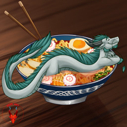 anthro boiled_egg chopsticks claws egg fish_cake food horn liquid male noodles partially_submerged plant ramen scallion side_view smile solo soup tail tail_tuft tuft vegetable reddragon mythology dragon eastern_dragon mythological_creature mythological_scalie scalie 1:1