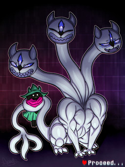 3_eyes 3_heads anthro anthro_on_feral bestiality big_hat biped black_body black_fur blue_eyes blush clothing duo eyes_closed female feral fur green_clothing green_hat green_headwear green_robe grin hat headgear headwear larger_female larger_feral male male/female multi_eye multi_head muscular muscular_feral robe sharp_teeth sitting size_difference smaller_anthro smaller_male smile tail_wrapped_around_body teeth text white_body wizard_hat nxisnash deltarune undertale_(series) clover_(deltarune) ralsei bovid caprine darkner goat mammal 2026 digital_media_(artwork) english_text hi_res