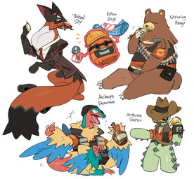 ambiguous_gender appliance armor black_body black_eyes black_fur black_tie_(suit) blue_body blue_eyes blue_fur blueprint bottle brown_body brown_fur bullet_belt cigarette clock clothing container eyewear food fur goggles green_body group hard_hat hat headgear headwear helmet holding_bottle holding_container holding_object jarate kitchen_appliance machine microwave_oven multicolored_body multicolored_fur open_mouth orange_body red_body red_fur sandvich_(team_fortress_2) sandwich_(food) spikes spikes_(anatomy) suit text tongue tools topwear vest watch white_body white_fur wrench yellow_body yellow_fur dynastabu nintendo pokemon team_fortress_2 valve demoman_(team_fortress_2) engineer_(team_fortress_2) heavy_(team_fortress_2) sniper_(team_fortress_2) spy_(team_fortress_2) animate_inanimate archeops cacturne fossil_pokemon generation_2_pokemon generation_3_pokemon generation_4_pokemon generation_5_pokemon generation_8_pokemon heat_rotom living_appliance living_machine pokemon_(species) rotom thievul ursaring 2025 crossover english_text hi_res
