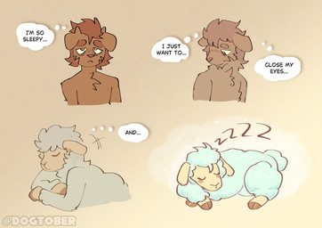 anthro brown_body brown_fur facial_hair feral fur male sleeping solo text tired tired_eyes transformation transformation_sequence dogtober tobi_(dogtober) bovid canid canine canis caprine domestic_dog mammal sheep english_text