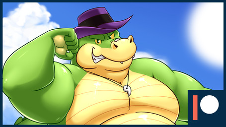 5_fingers anthro belly clothing cloud fingers green_body hat headgear headwear male moobs outside overweight overweight_male solo sun darknessminotaur brok_the_investigator cowcat_games brok_(brok_the_investigator) alligator alligatorid crocodilian reptile scalie 16:9 2023 hi_res widescreen