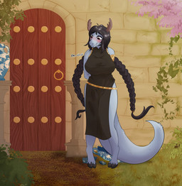 anthro big_breasts black_clothing black_dress black_hair blue_body blue_fur braided_hair breasts broken_glass brown_eyes clothing door door_handle dress embarrassed fangs female fur glass gold_accessory grey_body grey_fur hair hooves horn long_braid long_tail non-mammal_breasts pink_petals shy_smile solo standing tail teeth mrowley66 mythology dragon hybrid mythological_creature mythological_scalie scalie absurd_res hi_res