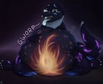 anthro belly big_belly bone claws cosmic_background death digestion galaxy glowing glowing_markings markings onomatopoeia semi-anthro sitting_on_knees skull solo sound_effects space space_background text vore j2n mammal mustelid otter hi_res