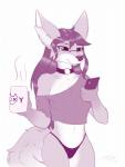 anthro breasts cellphone choker clothing container cup electronics eyewear female fingers fur glasses hair inner_ear_fluff jewelry necklace panties phone simple_background solo text topwear tuft underwear white_background dsixzey canid canine fennec_fox fox mammal true_fox 2019 digital_media_(artwork) hi_res monochrome