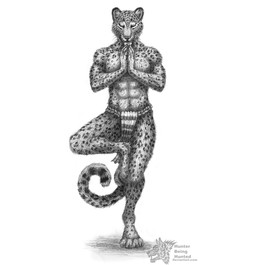 abs anthro biped bottomwear clothed clothing eyes_closed fur loincloth loincloth_only male markings on_one_leg paws pecs solo spots spotted_body spotted_fur standing tail text topless whiskers yoga hunterbeinghunted cc-by-nc-nd creative_commons felid leopard mammal pantherine english_text hi_res monochrome url
