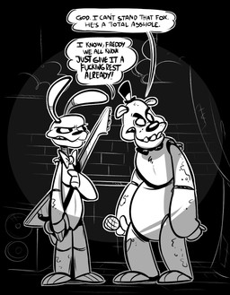 anthro bow_(feature) bow_tie clothing dark dialogue duo electric_guitar electronics guitar hat headgear headwear machine male microphone musical_instrument plucked_string_instrument profanity stage string_instrument teeth text top_hat herny five_nights_at_freddy's scottgames bonnie_(fnaf) freddy_(fnaf) animatronic lagomorph leporid mammal rabbit robot english_text hi_res monochrome