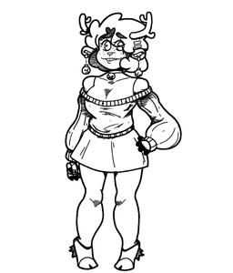 accessory anthro antlers bone bottomwear buckle choker clothing ear_piercing ear_ring exposed_shoulder female fingers freckles hair hair_accessory hooved_fingers hooves horn jewelry looking_aside necklace piercing puffy_hair ring_piercing short_hair simple_background skirt skull smile solo sweater thick_outline topwear divinitydivision deltarune undertale_(series) noelle_holiday deer mammal monster new_world_deer reindeer cross-hatching hatching_(art) monochrome shaded unfinished