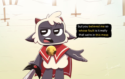 ambiguous_gender anthro bell cape clothing cross dialogue fluffy frown holding_object holding_weapon horn humor melee_weapon solo sword text weapon 0xochitlsketches0 cult_of_the_lamb massive_monster_(studio) lamb_(cult_of_the_lamb) red_crown_(cult_of_the_lamb) bovid caprine mammal sheep english_text hi_res