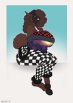 anthro big_breasts big_hair bottomwear breasts brown_body brown_eyes brown_fur brown_hair buckteeth checkered checkered_bottomwear checkered_clothing checkered_topwear clothed clothing ear_piercing female fluffy fluffy_tail fur gradient_background hair hands_between_legs hooves huge_breasts pants pattern_bottomwear pattern_clothing pattern_topwear piercing simple_background sitting smile solo star_clothing suspenders sweater tail teeth text thick_thighs topwear white_background casloafy camelid llama mammal 2024 dated english_text hi_res signature