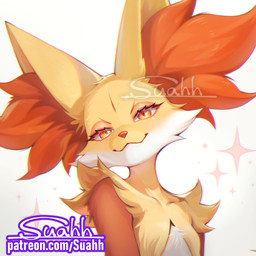 ambiguous_gender anthro eyelashes fur inner_ear_fluff looking_at_viewer multicolored_body orange_body orange_eyes orange_fur simple_background solo sparkles tuft white_body white_fur yellow_body yellow_fur suahh nintendo pokemon canid canine delphox generation_6_pokemon mammal pokemon_(species) 1:1 2026 signature