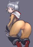 boots butt clothing female footwear grey_hair hair looking_at_viewer looking_back rear_view shoes simple_background small_butt solo wide_hips yellow_clothing johan_(johan13) xenoblade_(series) xenoblade_chronicles_2 nia_(xenoblade) animal_humanoid blade_(xenoblade) cat_humanoid felid felid_humanoid feline feline_humanoid gormotti humanoid mammal mammal_humanoid hi_res