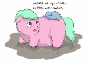 ambiguous_feral ambiguous_gender baby_talk black_eyes blue_body blue_fur carrying_another dialogue duo eyes_closed feral fur green_hair green_tail hair looking_up lying neonate offscreen_character on_front open_mouth pink_body pink_fur side_view standing tail text worried young young_ambiguous young_feral carpdime fluffy_pony fluffy_pony_(species) mammal digital_media_(artwork) english_text