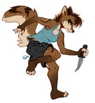 4_toes anthro barefoot bottomwear cargo_shorts claws clothing dagger ear_piercing ear_ring feet female melee_weapon paws piercing plantigrade ring_piercing shirt shorts solo tank_top toes topwear weapon kaitycuddle canid canine canis mammal wolf digital_media_(artwork)