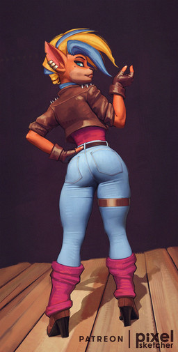 anthro belt biped black_nose boots bottomwear butt clothing denim denim_bottomwear denim_clothing ear_piercing eyebrows female fingerless_gloves footwear gloves hair hand_on_hip handwear high_heeled_boots high_heels jacket jeans leather leather_clothing leather_jacket leather_topwear looking_at_viewer mohawk multicolored_hair pants piercing rear_view shoes solo topwear pixelsketcher activision crash_bandicoot_(series) pirate_tawna bandicoot mammal marsupial 2020 hi_res