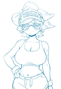 big_breasts blush blush_lines bodily_fluids bottomwear breasts cleavage clothed clothing crop_top crotch_lines ear_piercing ear_ring female fully_clothed gloves half-closed_eyes hand_on_hip handwear markings midriff mole_(marking) narrowed_eyes navel piercing ring_piercing shirt shorts simple_background solo sweat tank_top text topwear visor white_background colo nintendo splatoon marie_(splatoon) aquatic cephalopod humanoid inkling mollusk absurd_res blue_and_white english_text hi_res monochrome portrait sketch three-quarter_portrait