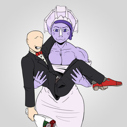 :3 anthro bald bouquet breasts bridal_carry carrying_another carrying_partner clothing deltoids dress duo female female_anthro female_carrying_male female_on_human freckled_breasts freckled_chest freckled_face freckled_shoulders freckles hair horn human_on_anthro husband_and_wife interspecies male male/female male_human male_on_anthro married_couple muscular muscular_anthro muscular_arms muscular_female pecs pecs_with_breasts purple_body purple_eyes purple_hair suit trapezius wedding wedding_dress shock_trooper_(artist) cavemanon_studios goodbye_volcano_high ko_op_(game_developer) snoot_game anon_(snoot_game) trish_(gvh) ceratopsian ceratopsid chasmosaurine dinosaur human mammal marginocephalian ornithischian prehistoric_species reptile scalie triceratops 1:1 hi_res