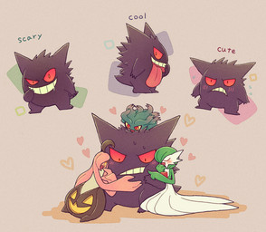 ambiguous_gender blush bodily_fluids female grey_background group hair_hand harem heart_symbol nervous not_furry plant prehensile_hair simple_background sweat text siwo_(artist) nintendo pokemon elemental_creature flora_fauna gardevoir generation_1_pokemon generation_2_pokemon generation_3_pokemon generation_6_pokemon gengar ghost gourgeist misdreavus pokemon_(species) spirit english_text