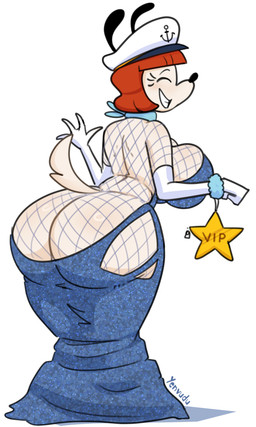 anthro armwear backless_dress big_breasts big_butt blue_clothing blue_dress breasts bubble_butt butt butt_cleavage cleavage clothed clothing dress elbow_gloves eyes_closed female fishnet_clothing gloves grin hair handwear hat headgear headwear huge_breasts huge_butt huge_hips huge_thighs mature_anthro mature_female peaked_cap red_hair simple_background smile solo strapless_clothing strapless_dress thick_thighs white_background white_hair wide_hips yenvudu disney mickey_mouse_shorts erica_(disney) canid canine canis domestic_dog mammal 2025 3:5 absurd_res hi_res