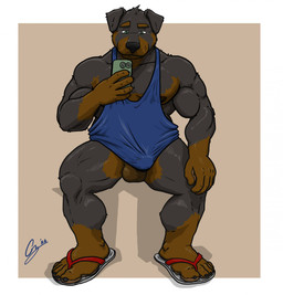 5_fingers 5_toes anthro areola balls biceps biped black_body black_claws black_fur black_nipples black_nose border bottomless bottomless_anthro bottomless_male broad_shoulders brown_body brown_fur brown_pawpads bulge cellphone claws clothed clothing electronics feet fingers flip_flops footwear full_foot_pawpads fur genitals gloves_(marking) green_eyes hand_on_knee hand_on_leg hand_on_own_knee hand_on_own_leg holding_cellphone holding_object holding_phone holding_smartphone humanoid_feet leg_markings looking_at_cellphone looking_at_object looking_at_phone male markings multicolored_body multicolored_fur muscular muscular_anthro muscular_male nipples pawpads pecs penis_under_shirt phone plantigrade quads sandals shadow shirt shoes simple_background sitting smartphone smile snout socks_(marking) solo spread_legs spreading stocky tan_background tank_top toe_claws toes topwear two_tone_body two_tone_fur whisker_spots white_border chestnuts_(artist) canid canine canis domestic_dog mammal mastiff molosser rottweiler 2026 cel_shading hi_res shaded signature smaller_version_at_source