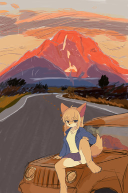 4_toes bangs barefoot bottomwear brown_eyes brown_hair car claws clothed clothing clothing_lift feet female genitals hair jacket looking_at_viewer mountain one_leg_up paws plant plantigrade raised_leg road shirt sitting_on_car skirt skirt_lift solo tail toe_claws toes topwear tree vehicle vulva squeeze_ren canid canine canis mammal 2:3 absurd_res hi_res
