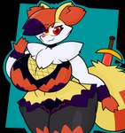 4_fingers anthro big_breasts bottomwear breasts clothing collar ear_piercing female fingers fluffy fluffy_chest fluffy_ears fluffy_tail hair leg_tuft melee_weapon piercing shirt shorts solo sword tail thick_thighs thigh_tuft topwear tuft weapon raccoonuki nintendo pokemon fan_character braixen generation_6_pokemon pokemon_(species) absurd_res alpha_channel hi_res