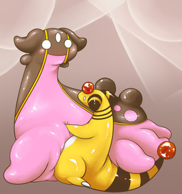 ambiguous_gender blush duo female feral slime tail yellow_body yellow_skin kitigaru nintendo pokemon ampharos aquatic gastrodon gastropod generation_2_pokemon generation_4_pokemon mollusk pokemon_(species) west_sea_gastrodon
