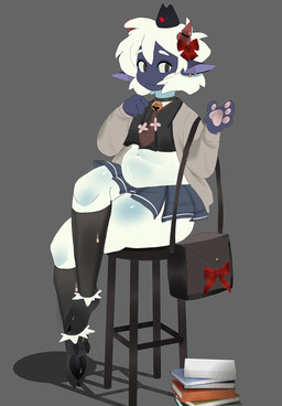 ambiguous_gender anthro book bottomwear bow_ribbon clothing crop_top ear_piercing handbag hooves legwear pawpads piercing shirt skirt slightly_chubby solo stockings thick_thighs topwear kittem4 cult_of_the_lamb massive_monster_(studio) lamb_(cult_of_the_lamb) red_crown_(cult_of_the_lamb) bovid caprine mammal sheep hi_res