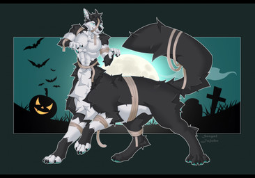abs black_bars black_claws black_nose blue_eyes blue_markings blue_pawpads claws fluffy fur grey_body grey_fur holidays looking_at_viewer male markings pawpads pecs solo standing tail white_body white_fur sergaljujube halloween canid canid_taur canine canine_taur canis mammal mammal_taur taur wolf wolf_taur 2025 colored digital_drawing_(artwork) digital_media_(artwork) hi_res letterbox shaded