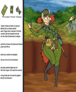 anthro clitoral_hood clitoris clothing explosives female genitals grenade grenade_belt humanoid_genitalia humanoid_vulva jumpsuit knife military military_uniform shovel soldier solo story_in_picture text throwing throwing_object tools trench uniform vulva war warrior weapon juninhooficial equid equine horse mammal pony absurd_res german_text hi_res story story_in_description translated