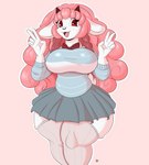 anthro belly big_breasts bottomwear breasts clothing female fur gesture hair hand_gesture horn legwear muffin_top_(thigh_highs) pink_hair potbelly red_eyes ribbons skirt slightly_chubby solo stockings thick_thighs tight_clothing topwear v_sign white_body white_fur coffee_demon vtuber fan_character bovid caprine mammal sheep absurd_res hi_res