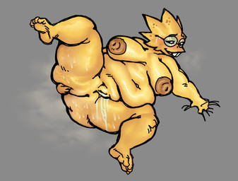 anthro big_breasts big_butt blush bodily_fluids breasts buckteeth butt eyewear feet female genital_fluids genitals glasses hand_on_butt lying musk nipples nude on_back overweight overweight_female presenting smile solo spread_legs spreading sweat teeth thick_thighs vaginal_fluids vulva eccentricspider undertale_(series) alphys lizard reptile scalie sketch