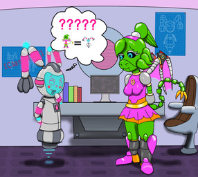 accessory anthro anti-gravity armored_dress blue_eyes blueprint blush book chair chest_gem claws computer_desk desktop_wallpaper detailed_background display_face duo ear_hands eye_contact female floating_desk furniture gem glistening glistening_body glowing glowing_arms glowing_ears glowing_eyes green_body grey_body hair hands_behind_back headband hexagonal_grid laboratory led_eyes lime_green looking_at_another looking_down looking_down_at_another looking_up_at_another machine metallic_body multicolored_body paneling plasma_wings ponytail prehensile_tail rabbit_pattern ring_light robot_wings robotic_arms robotic_legs robotic_tail screen screen_eyes screen_face short_hair smile swivel_chair tail tail_claws thinking_pose thought_bubble two_tone_body milesperminutemedia mythology l1l1_(milesperminutemedia) m.a._(spdy4) mecha_arrow android dragon humanoid lagomorph mammal mythological_creature mythological_scalie robot scalie 2020 digital_media_(artwork) hi_res