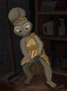 anthro bodily_fluids bottomwear cleaning_tool closet clothed clothing clothing_aside clothing_lift dress ears_as_hair female genital_fluids genitals hair_bun_ears mop peeing peeing_into_container pink_nose skirt skirt_lift solo underwear underwear_aside urine vulva watersports rococo wild_strokes disney zootopia gala judy_hopps ties european_rabbit lagomorph leporid mammal oryctolagus rabbit absurd_res digital_media_(artwork) digital_painting_(artwork) hi_res painting_(artwork)