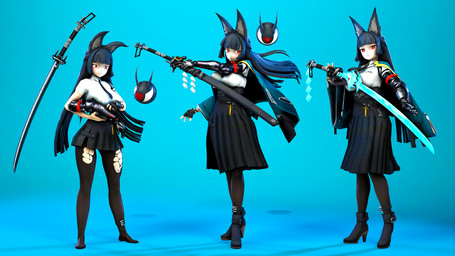 ambiguous_gender bangs big_breasts black_boots black_bottomwear black_clothing black_fingerless_gloves black_footwear black_gloves black_hair black_handwear black_high_heels black_legwear black_pantyhose black_skirt blue_background blunt_bangs boots bottomwear breasts clothing female fingerless_gloves footwear gloves glowing_weapon gradient_background group hair handwear high_heeled_boots high_heels hime_cut holding_katana holding_melee_weapon holding_object holding_sword holding_weapon inner_ear_fluff katana legwear long_hair long_skirt long_sleeves looking_at_viewer melee_weapon pantyhose pleated_skirt prosthetic prosthetic_arm prosthetic_limb red_eyes shide shirt shoes simple_background skirt square_crossover standing sword teal_background topwear torn_clothing torn_legwear torn_pantyhose tuft weapon white_clothing white_shirt white_topwear wide_sleeves extroke aequdsama_(modeler) mihoyo zenless_zone_zero hoshimi_miyabi tailless_(zenless_zone_zero) animal_humanoid canid canid_humanoid canine canine_humanoid demon fox_humanoid humanoid mammal mammal_humanoid thiren 16:9 3d_(artwork) digital_media_(artwork) full-length_portrait hi_res portrait source_filmmaker_(artwork) widescreen