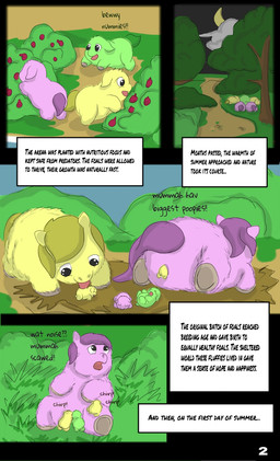 ambiguous_feral ambiguous_gender animal_noises baby_talk berry birth breastfeeding chirping cleaning cloud crescent_moon day dialogue female female_feral feral food fruit fur genitals good_parenting green_body green_fur green_tail hooves imminent_death licking live_birth lying monotone_body monotone_fur moon nature nature_background neonate night on_back on_front open_mouth outside page_number pink_body pink_fur plant purple_tail sitting sleeping sleeping_together tail text tongue tree vulva yellow_body yellow_fur yellow_tail young young_ambiguous young_feral carpdime fluffy_pony fluffy_pony_(species) mammal comic digital_media_(artwork) english_text hi_res shaded