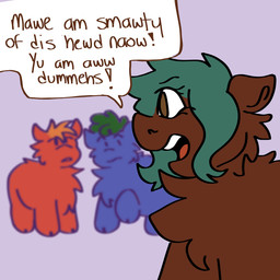 ambiguous_feral ambiguous_gender blue_body blue_fur blurred_character brown_eyes brown_hair dialogue eyelashes female female_feral feral fur green_hair group hair insult looking_at_another open_mouth orange_hair purple_background red_body red_fur simple_background solo_focus teeth text trio fluffymeat fluffy_pony fluffy_pony_(species) mammal 1:1 2022 broken_english digital_drawing_(artwork) digital_media_(artwork) english_text flat_colors hi_res