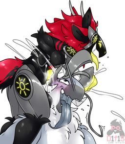 anthro bodily_fluids cum cum_drip cum_on_penis dripping duo ear_penetration ejaculation genital_fluids genitals horn machine male male/male open_mouth open_smile penetration penile penile_penetration penis penis_in_ear sex simple_background smile tongue tongue_out difis soleil_(itstedda) protogen absurd_res hi_res