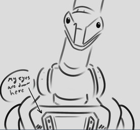 ambiguous_gender blush blush_lines directional_arrow feral front_view looking_at_viewer machine solo speech_bubble shufflefur boston_dynamics spotmini robot hi_res monochrome