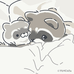anthro bedding blanket bodily_fluids crying dot_eyes feral grey_body lying pillow plushie simple_eyes solo tears yencatx mammal procyonid raccoon 1:1 2023