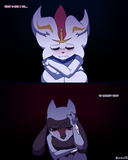 anthro big_breasts black_body black_fur blue_body blue_fur blush bodily_fluids breasts crying dialogue duo eyes_closed female fur huge_breasts male nude tears text white_body white_fur cuchuflin nintendo pokemon cinder_(cuchuflin) rio_(cuchuflin) cinderace generation_4_pokemon generation_8_pokemon pokemon_(species) riolu 2025 absurd_res comic english_text hi_res