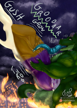 anthro balls bicolored_penis big_balls big_penis bodily_fluids building city cum destroyed_building destruction excessive_cum excessive_genital_fluids excessive_precum extreme_size_difference fire genital_fluids genitals green_body growth growth_lines growth_sequence gushing huge_balls huge_penis hyper hyper_balls hyper_genitalia hyper_penis lactating long_tongue masturbation onomatopoeia penis precum purple_penis size_difference sound_effects tail text throbbing tongue yellow_penis tiotiored mythology dragon mythological_creature mythological_scalie scalie english_text