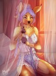 anthro breasts brown_body brown_fur cleavage clothed clothing curtains female fur hair hair_bun jewelry kneeling lingerie looking_at_viewer necklace partially_clothed purple_hair solo translucent_curtains moyoki elidi_(hazardezlizzie) deer mammal hi_res