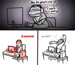3_panel_comic angry chair computer computer_keyboard computer_mouse crashing dark dialogue electronics expensive female furniture grin headgear headphones headset highlights_(coloring) humor microphone simple_background smile solo table text ncs keeshee reptile scalie snake 2025 black_and_white comic digital_drawing_(artwork) digital_media_(artwork) english_text hi_res monochrome signature