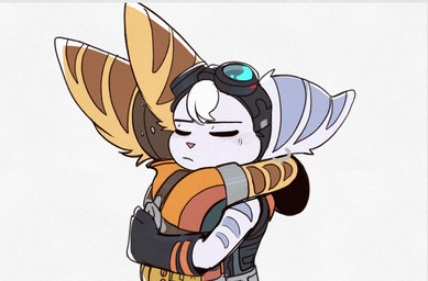 anthro clothed clothed_anthro clothed_female clothed_male clothing duo eyewear eyewear_on_head female fur gloves goggles goggles_on_head hair handwear hug male male/female white_body white_fur white_hair yellow_body yellow_fur time_fluffy500 ratchet_and_clank sony_corporation sony_interactive_entertainment ratchet_(ratchet_and_clank) rivet_(ratchet_and_clank) lombax mammal