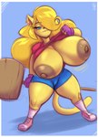 anthro big_breasts blonde_hair bottomwear breasts clothed clothing clothing_lift female hair hair_over_eye hammer huge_breasts maul nipple_dip nipples one_eye_obstructed shirt shirt_lift shorts solo thick_thighs tools topwear yellow_body joelasko sally_furbomb domestic_cat felid feline felis mammal 2022 hi_res