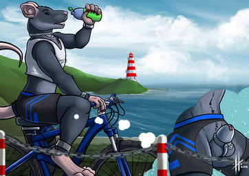 anthro balls beady_eyes bicycle black_bottomwear black_clothing black_eyes black_shorts bottle bottomwear clothed clothing container ear_piercing ear_stud fur genitals grey_balls grey_body grey_fur holding_bottle holding_container holding_object male male_anthro on_bicycle open_mouth piercing shorts side_view sitting slim_anthro slim_male solo topwear vehicle whiskers white_clothing white_topwear hufnaar aaron_d'verse mammal murid murine rat rodent 2018 dated