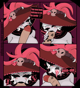 age_difference ambiguous_fluids big_breasts big_penis bite bite_mark black_eyes black_lipstick blowing_kiss blowjob_face bodily_fluids breast_milking breasts clothed clothing cum cum_in_mouth cum_inside deep_throat dialogue dominant dominant_female duo faceless_character faceless_male fellatio female first_person_view flaccid genital_fluids genitals grey_body grey_skin hair hat headgear headwear humanoid_genitalia humanoid_penis kiss_mark lactating larger_female lipstick lipstick_on_penis logo makeup male male/female male_pov mature_female milk moan monster_girl_(genre) no_bra no_underwear older_female onomatopoeia oral oral_penetration penetration penile penis sex size_difference smile sound_effects text vocalization white_hair 0vernight hazbin_hotel hellaverse rosie_(hazbin_hotel) demon human humanoid mammal artist_logo artist_name comic english_text hi_res signature