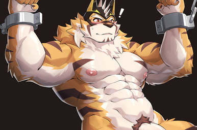 abs anthro bdsm bondage bound captured cheek_tuft countershading cuff_(restraint) exclamation_point eyebrows facial_tuft flaccid genitals handcuffs male mask metal_cuffs muscular muscular_anthro muscular_male muscular_sub neck_tuft nipples pecs penis penis_base pubes restraints shackles solo submissive submissive_anthro submissive_male superhero tuft white_body white_countershading kamyuelo lifewonders live_a_hero ryekie_(live_a_hero) felid mammal pantherine tiger shaded